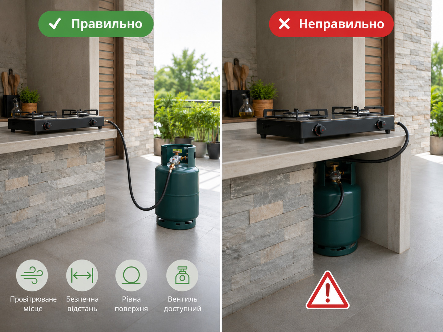 Правильне розміщення газового балона біля портативної плити