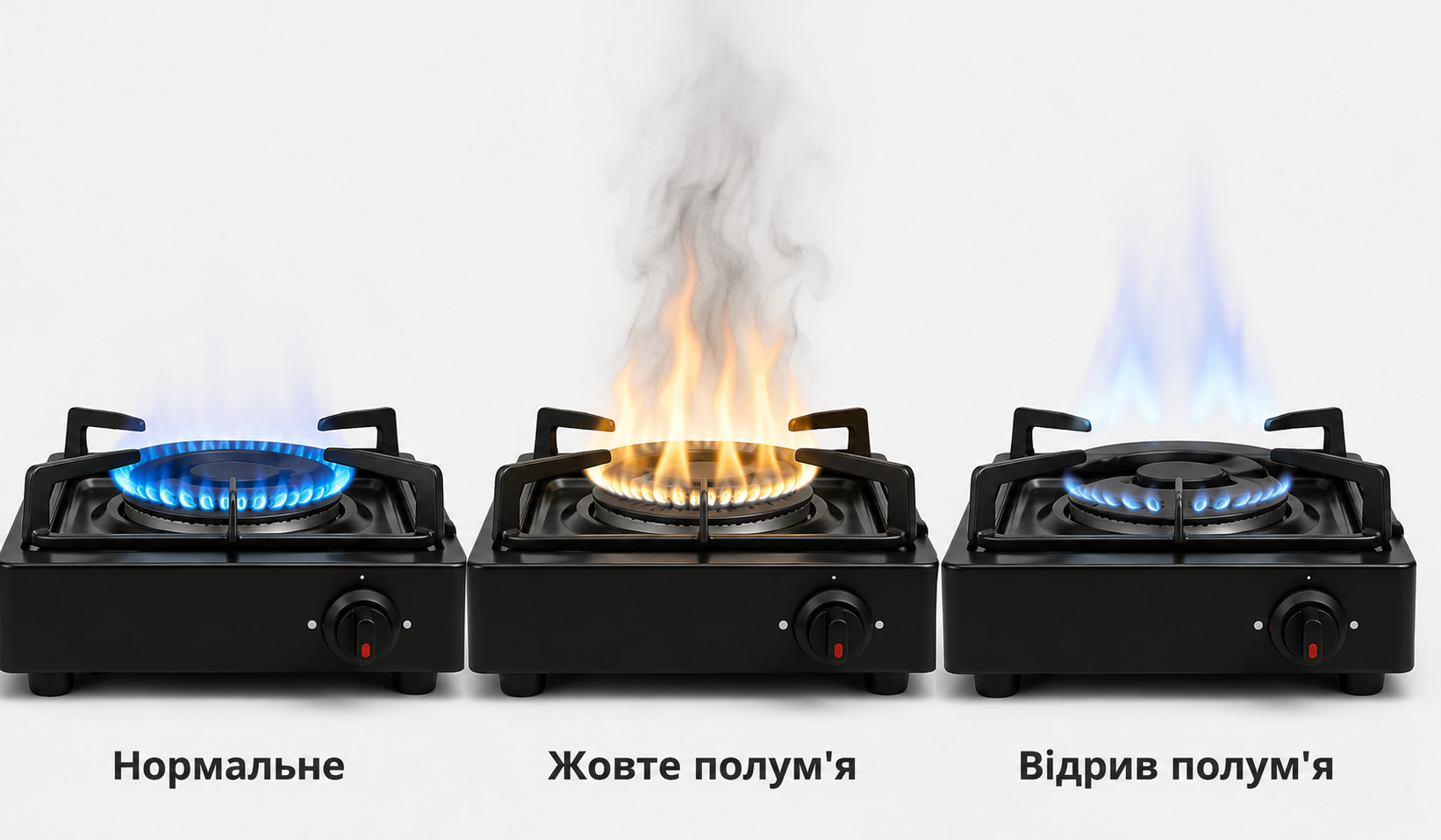 Нормальне блакитне та неправильне жовте полум’я газової плити